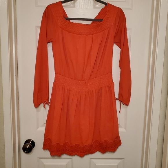 Abercrombie & Fitch Off the Shoulder Smocked mini Dress Orange lined Sz S - Picture 1 of 11
